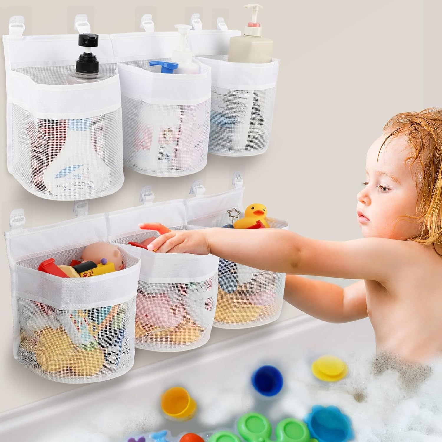 Aufbewahrungstasche für Kinderspielzeug im Badezimmer, Mehrgitter-Klassifizierung, Netztasche mit gr