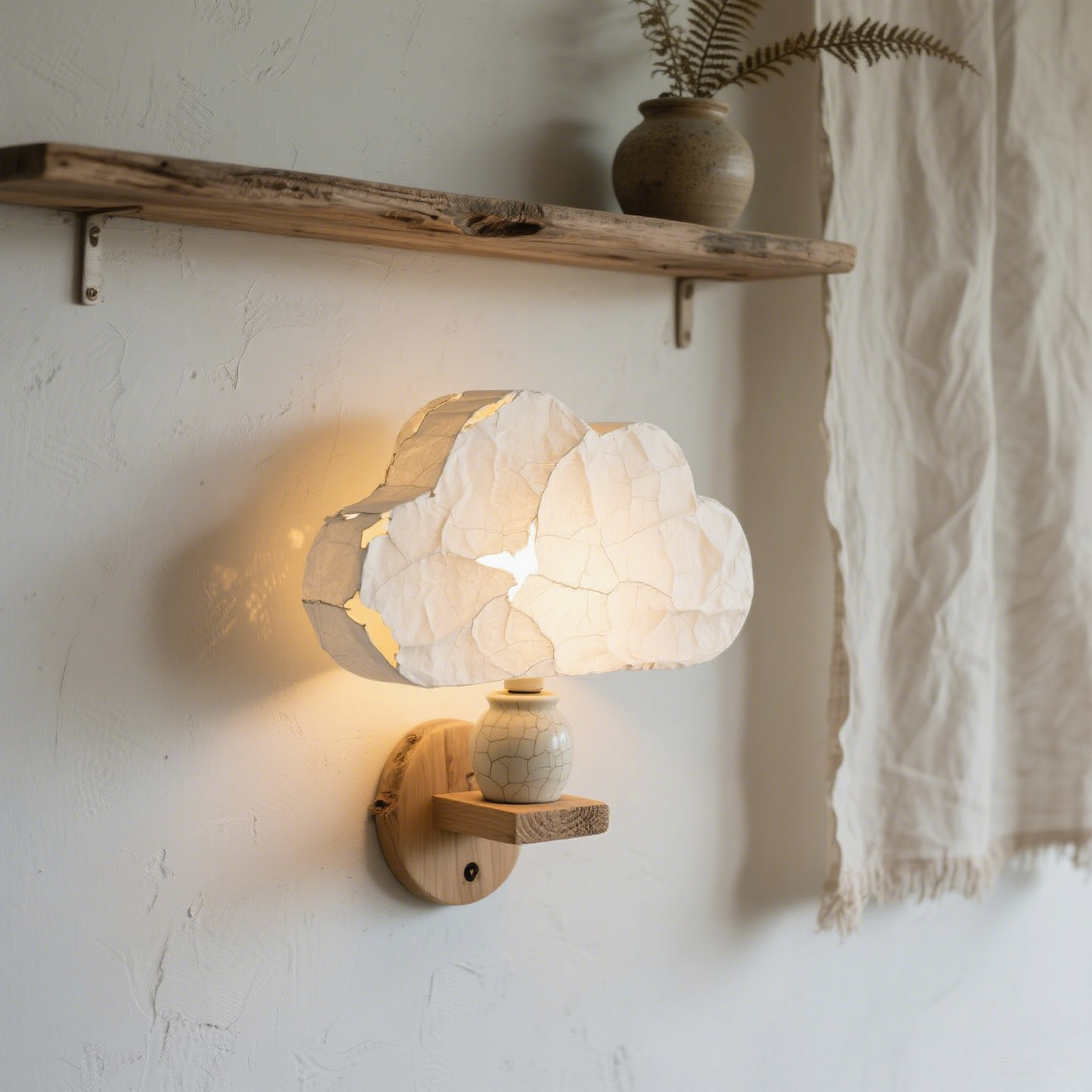 Lámpara de pared en forma de nube encendida en dormitorio