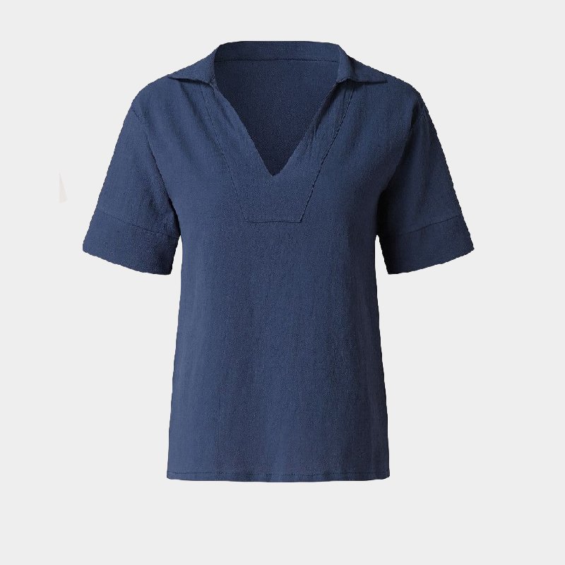 Vネック無地綿麻シャツ