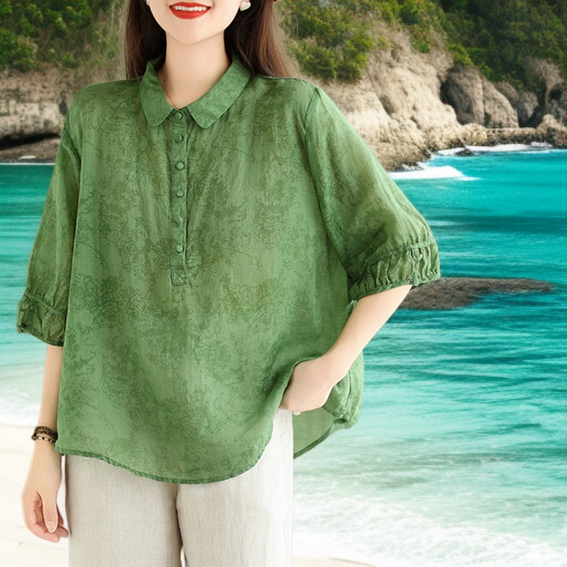 여성 벌룬 소매 면마 블라우스 