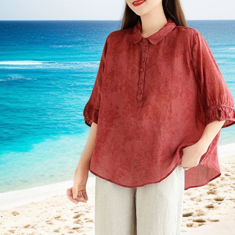 여성 벌룬 소매 면마 블라우스 