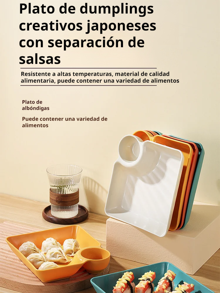Plato de dumplings creativo con separación de salsas.