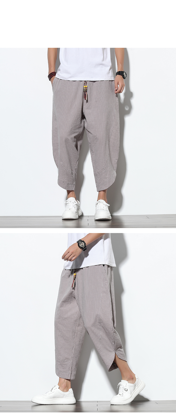 ストライプデザインの夏用パンツ前面