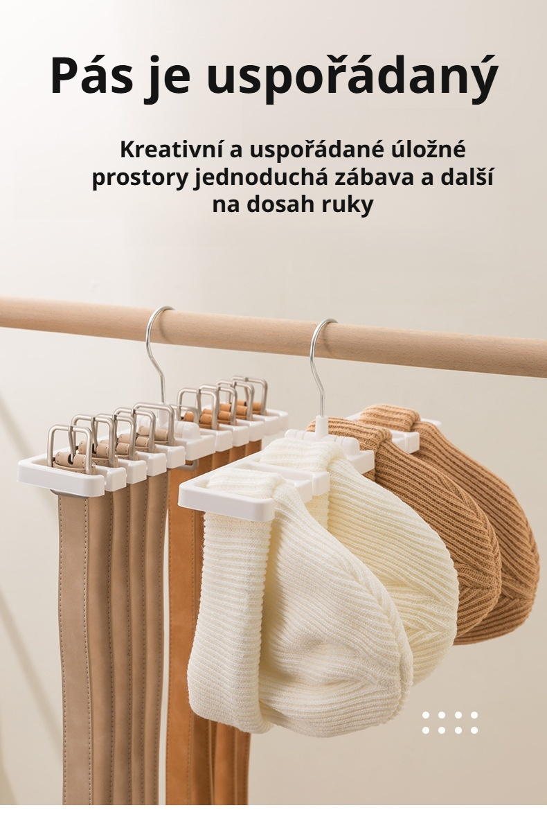 Otočný úložný stojan na pásky a šátky v moderním interiéru