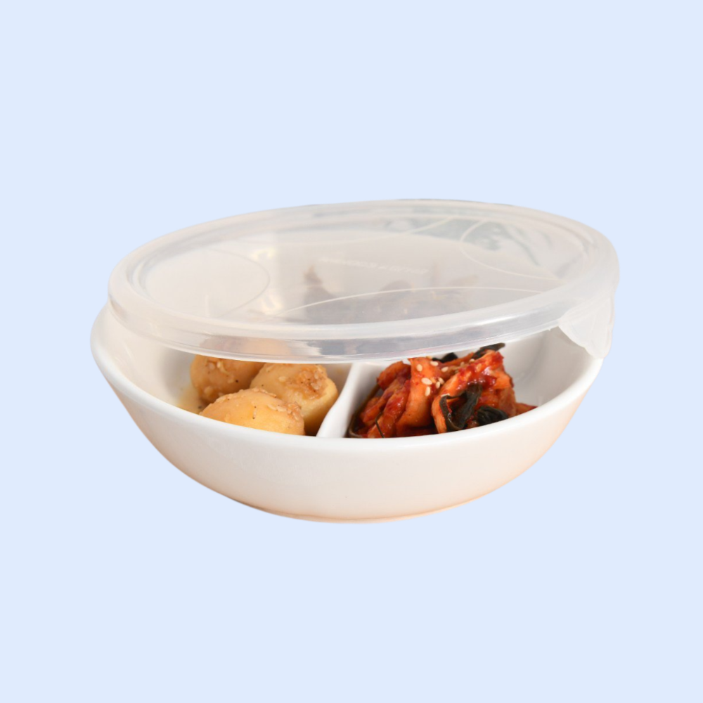 1+1 3칸 도자기 반찬통 찬기 원형 나눔접시 2p