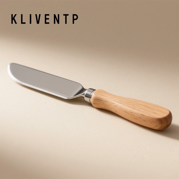 Butter knife with wooden handle on bread
