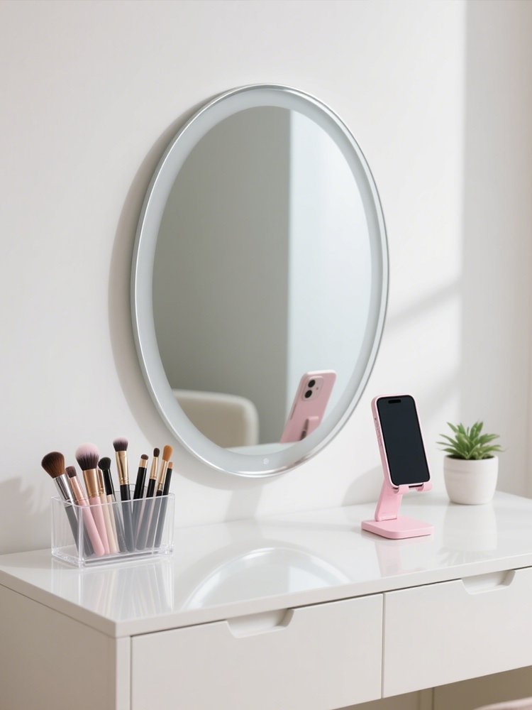 Detail oválného zrcátka na líčení na stole