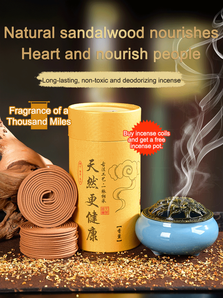 Natural sandalwood incense coils come with an incense burner.