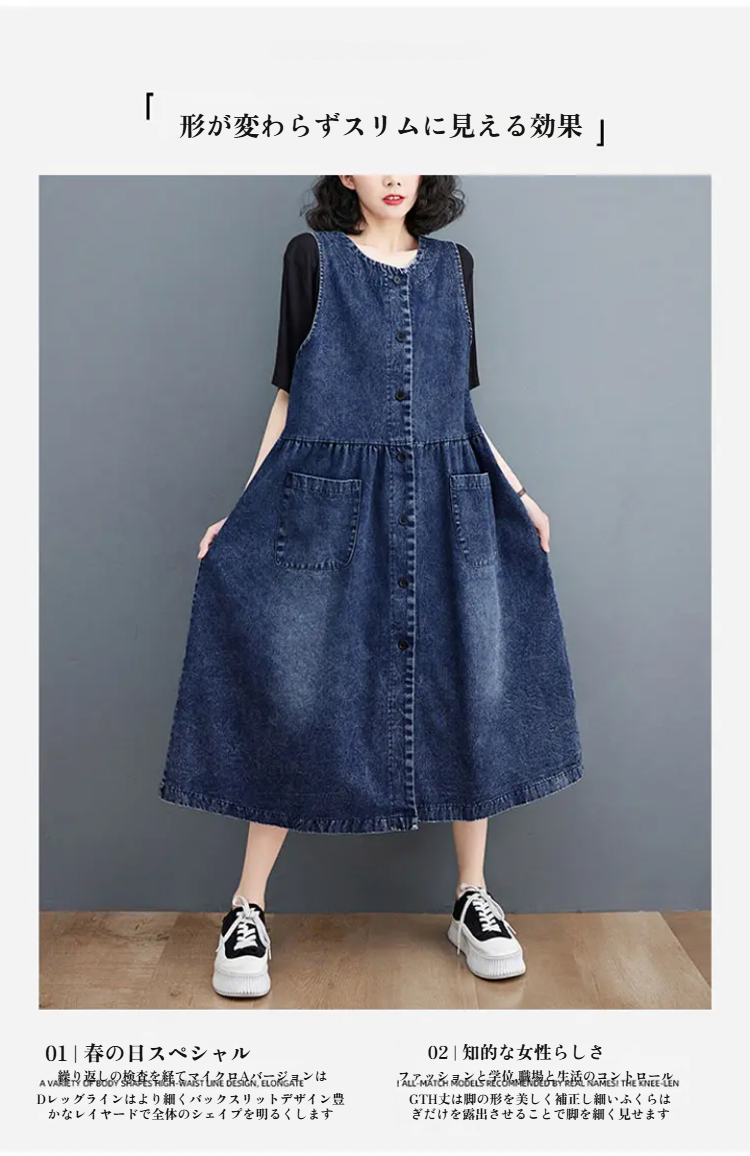 女性モデルによるデニムワンピース後ろ姿