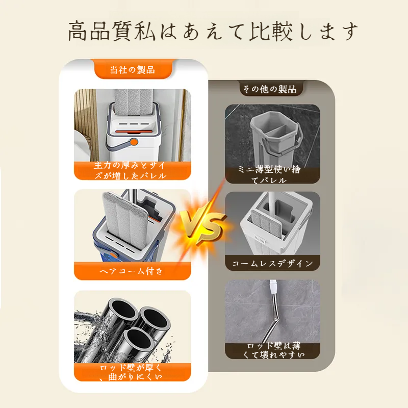 家庭用フラットモップ ウェット＆ドライ 極太ハンドフリーモップ