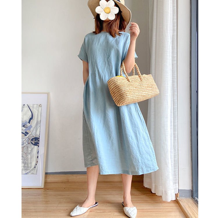 솔리드 컬러 코튼 앤 리넨 루즈 슬림 드레스