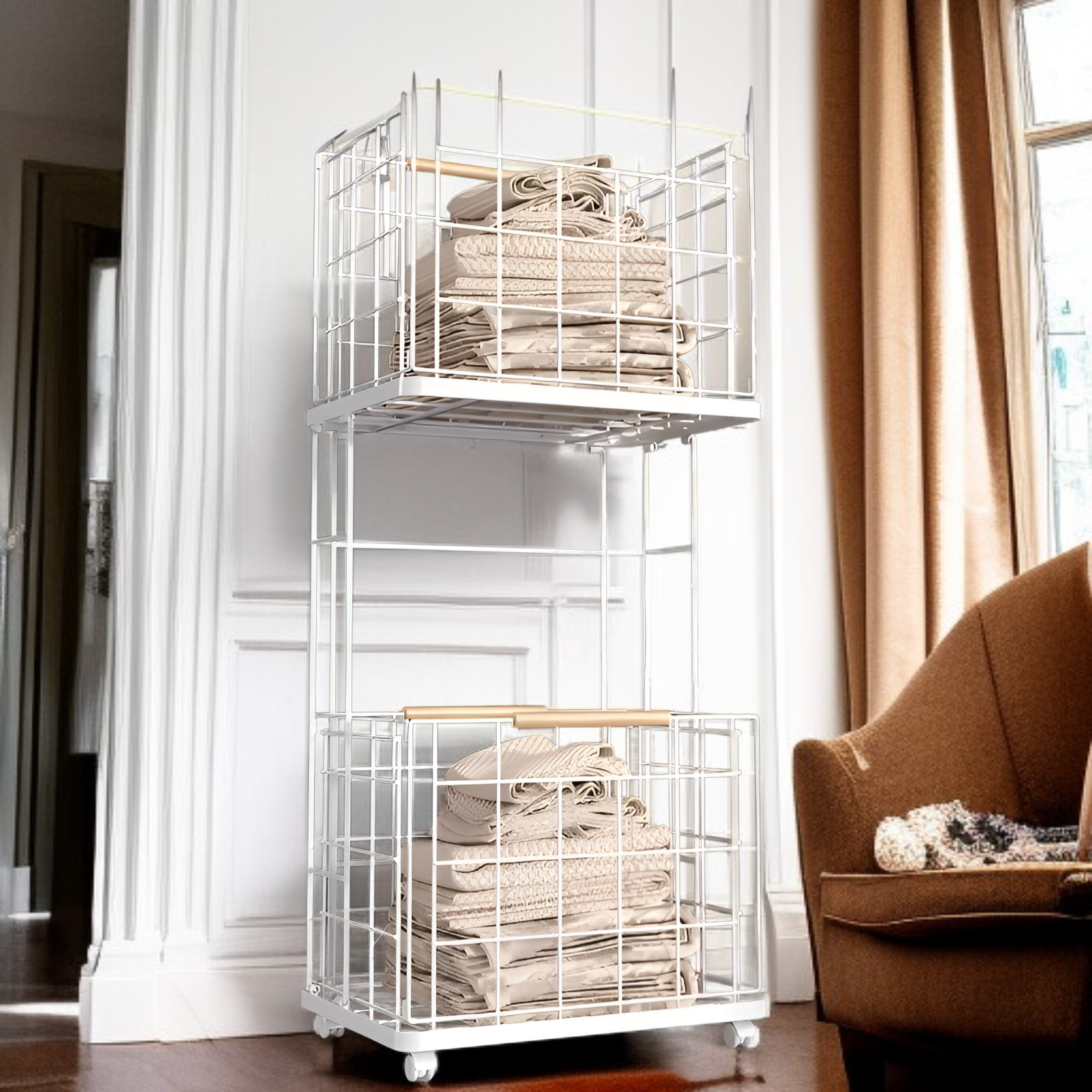 取り外し可能な汚れた衣類収納バスケット 北欧風ホーム 二層汚れた衣類バスケット 家庭用ラック バスルーム 取り外し可能な汚れた衣類収納バスケット ブルー 汚れた衣類