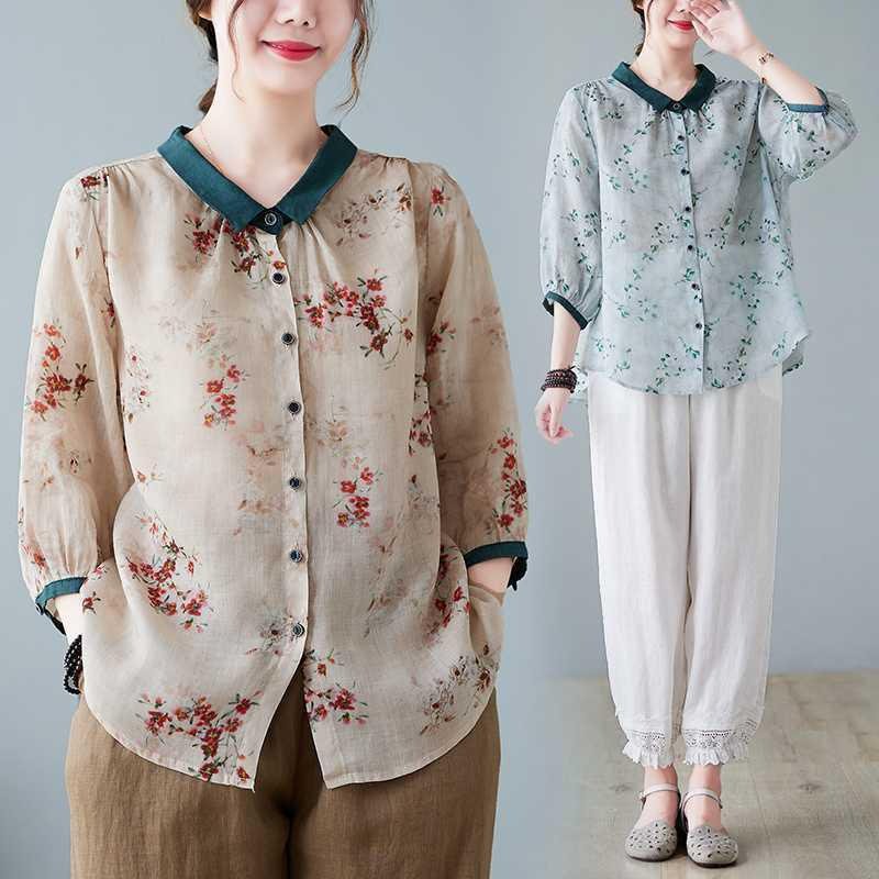 면마 프린트 셔츠 뚱뚱이 여동생 빅사이즈 여성복 칠부소매 셔츠 넥 감령 상의