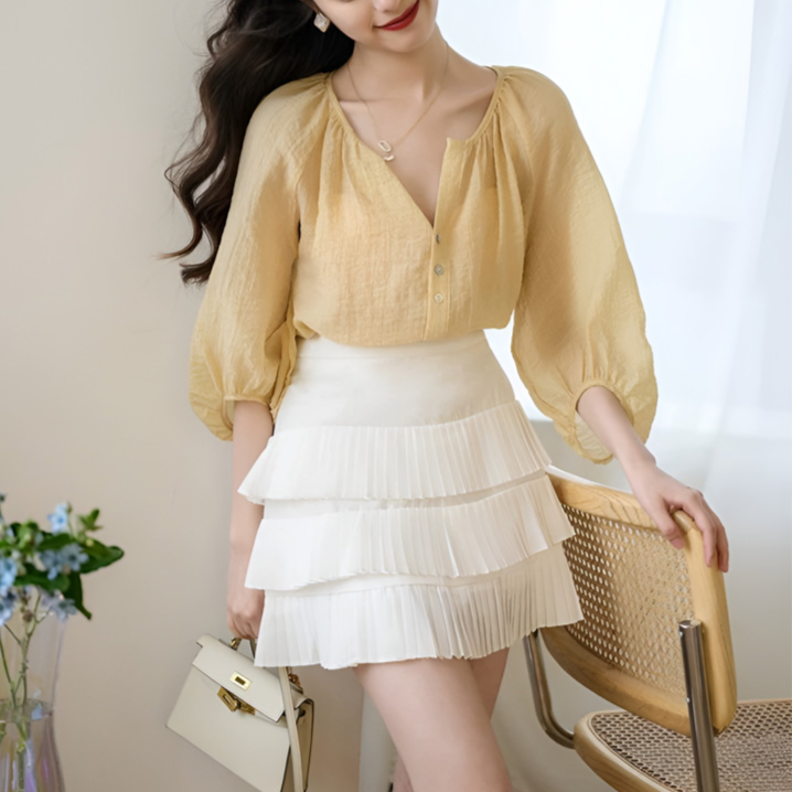 UVカットレトロ綿麻ブラウス