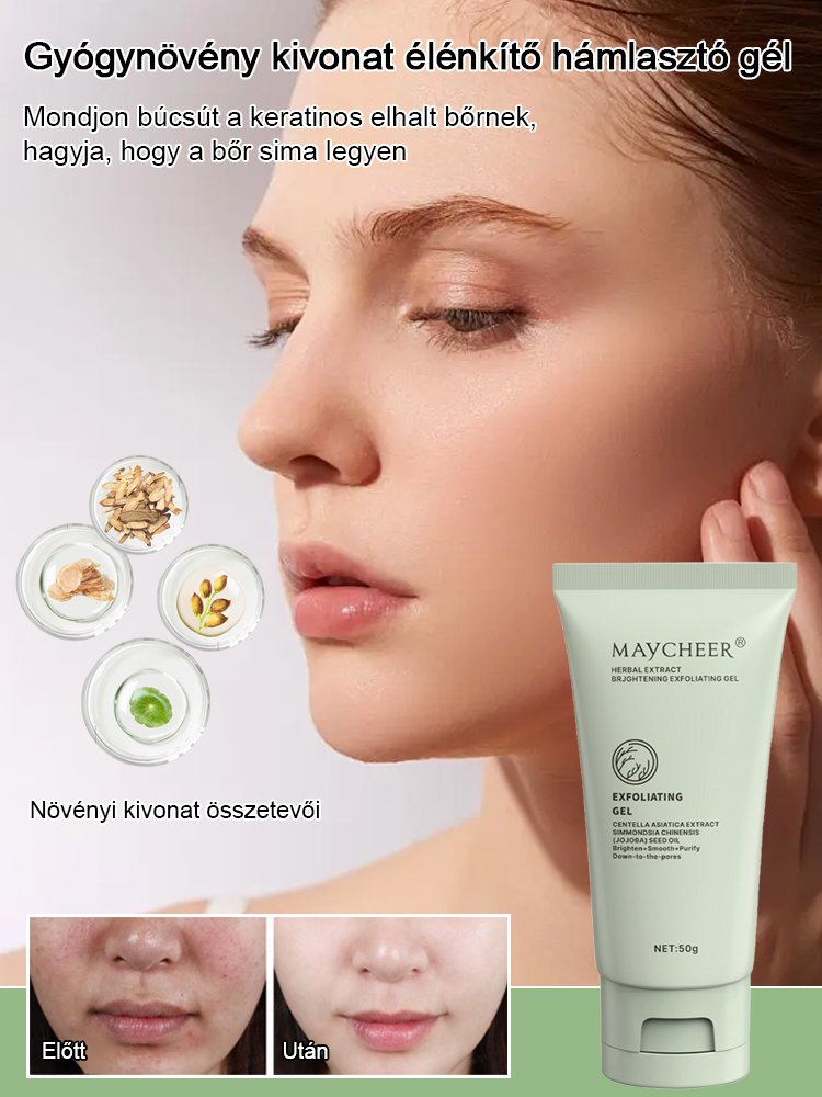 Gyógynövény kivonatokat tartalmazó ragyogást fokozó bőrradír gél