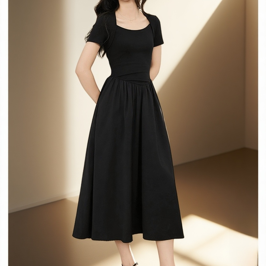 허리 슬림 A라인 롱 원피스 착용샷