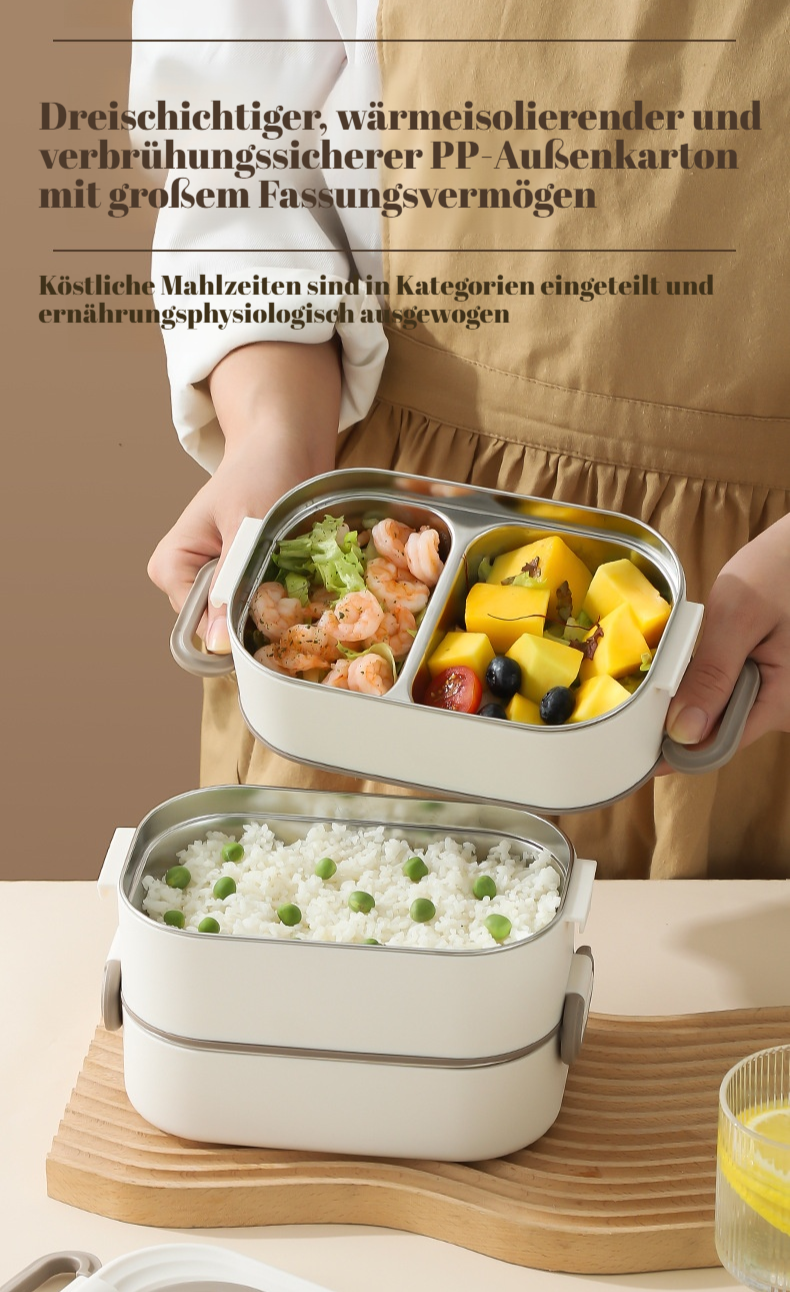 Die mehrschichtige, geruchsneutrale Lunchbox aus Edelstahl 304 kann in der Mikrowelle erhitzt werden