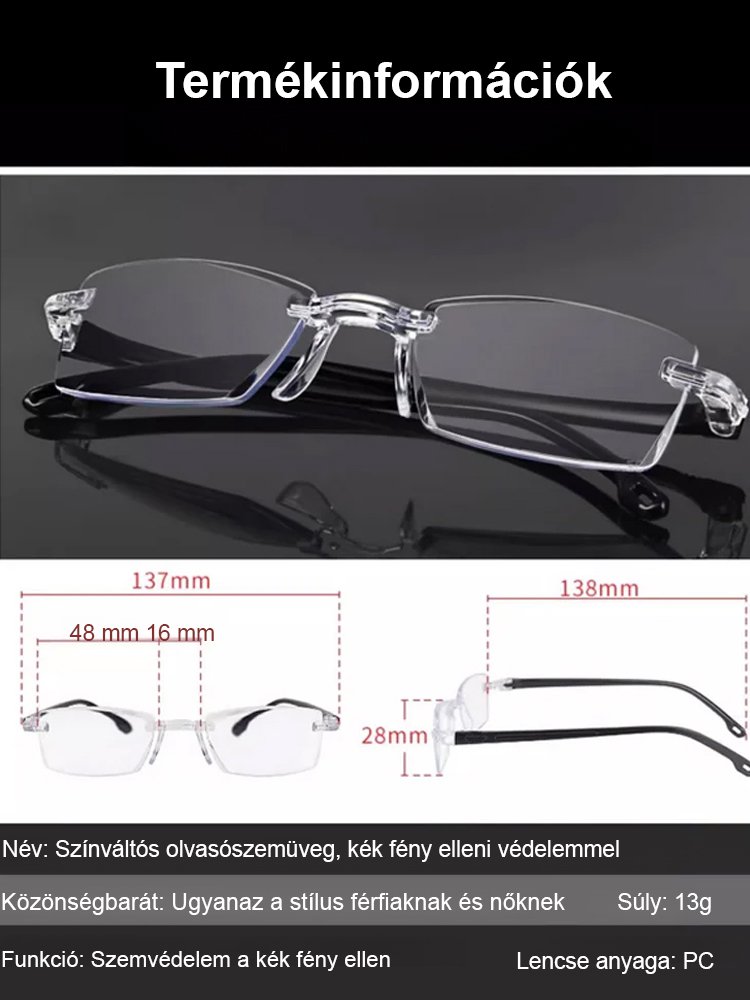 Kékszűrős, színt változtató olvasószemüveg