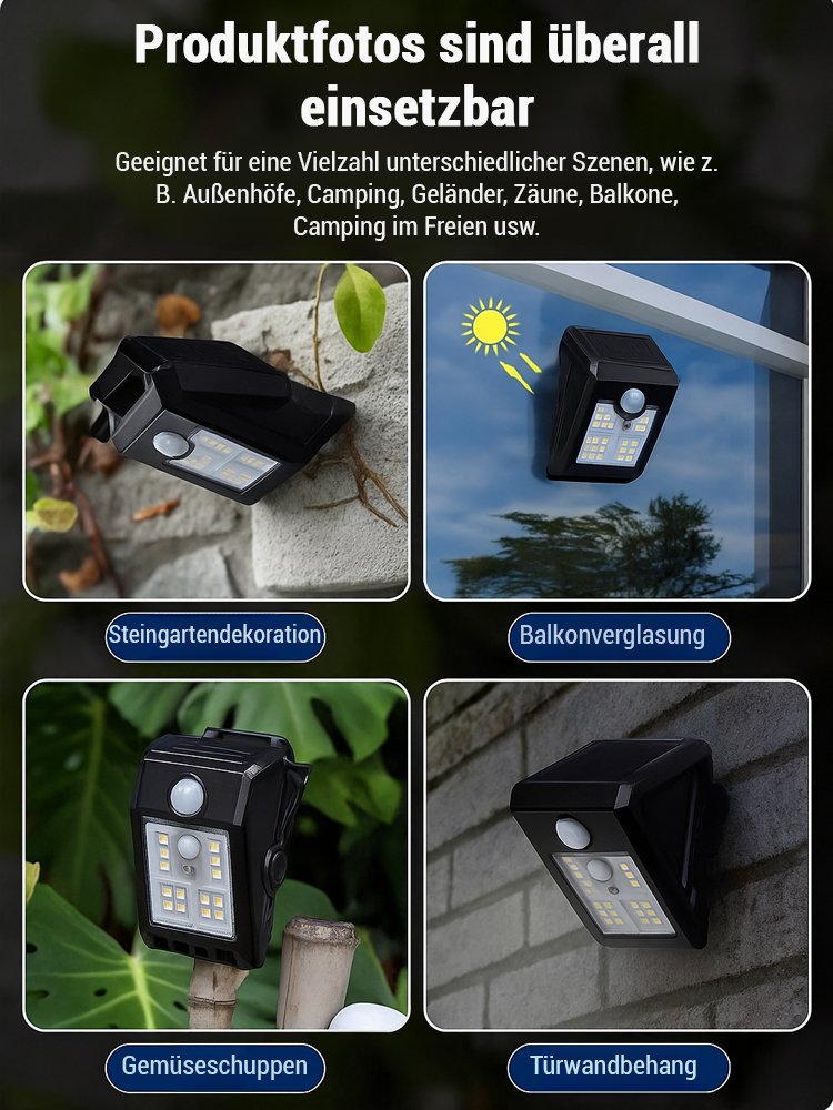 Wetterfeste Sensor-Solar-Klemmleuchte für Außenbereich