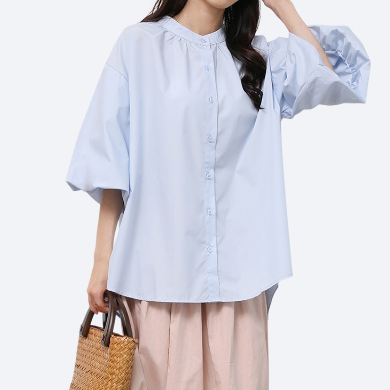 여성 나른하고 헐렁헐렁한 단색 중소매 셔츠