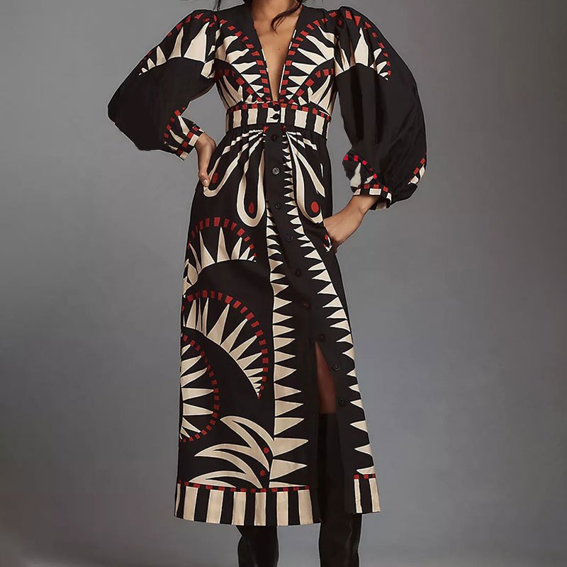 Retro bedrucktes Langarmkleid mit modischem V-Ausschnitt