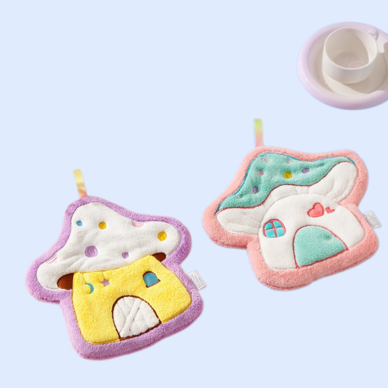 Cartoon mushroom house hand towel hanging thick coral fleece embroidered towel absorbent cute handke