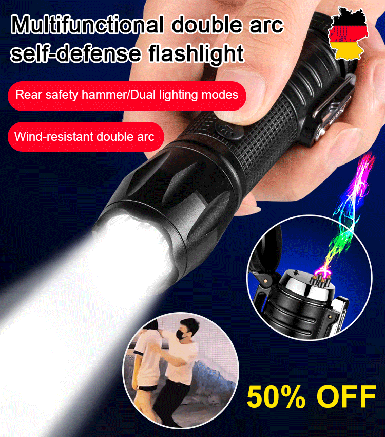 Double arc self-defense flashlight