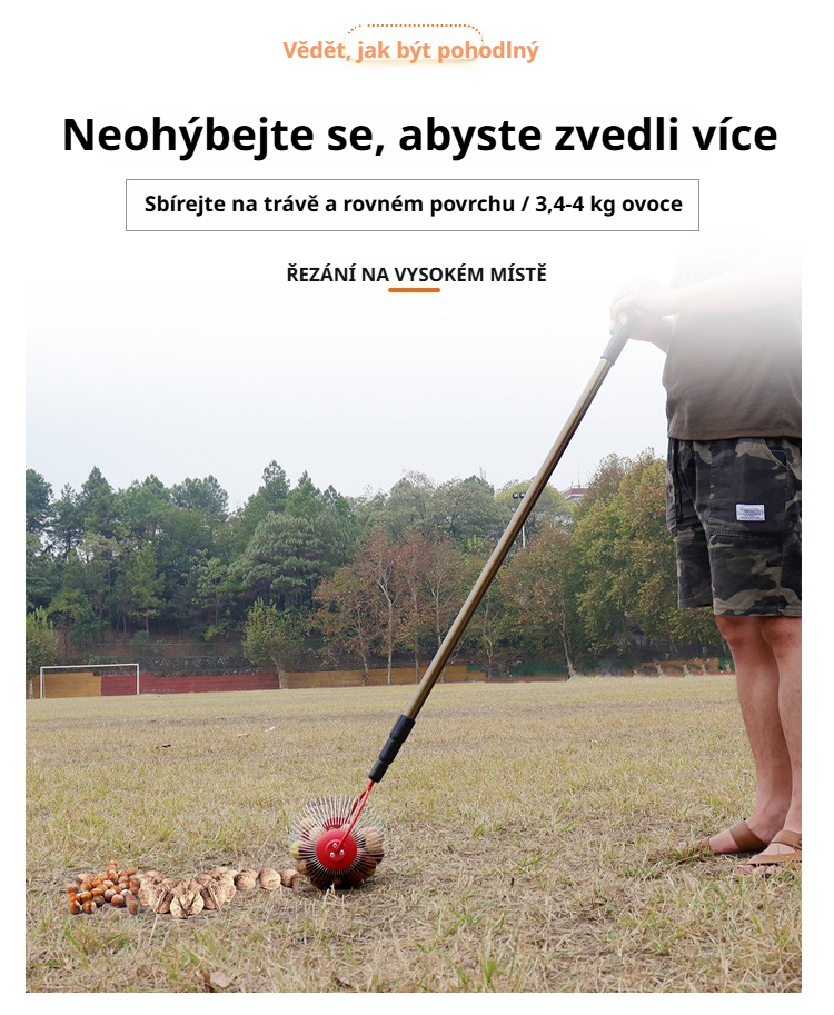 Teleskopický sběrač ovoce s válcem v akci na zahradě