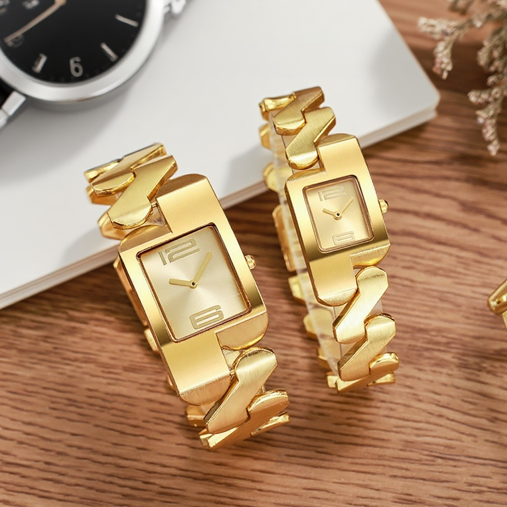 レトロスクエアデザインの腕時計ディテール