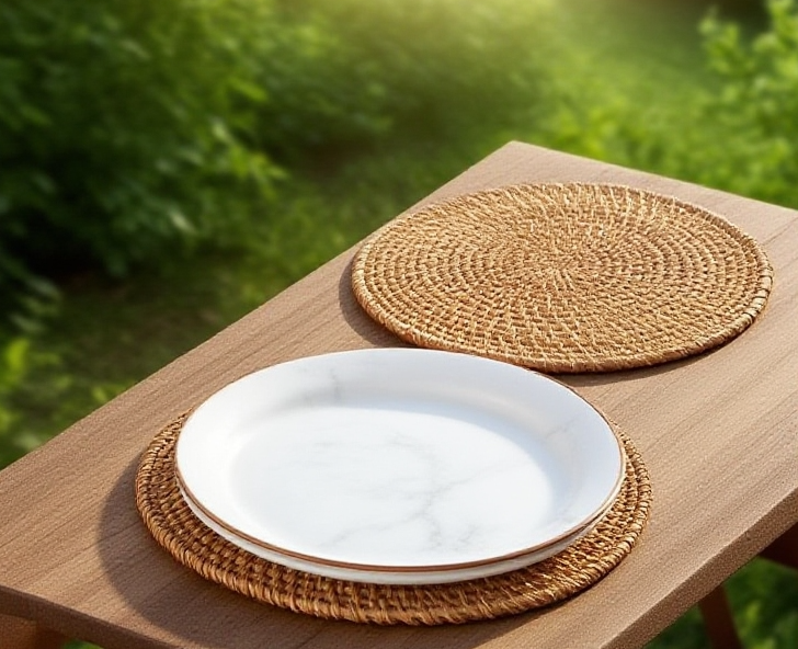 手工編織圓形防燙隔熱藤編餐墊展示