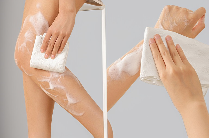 Double-sided bath towel folded for compact storage