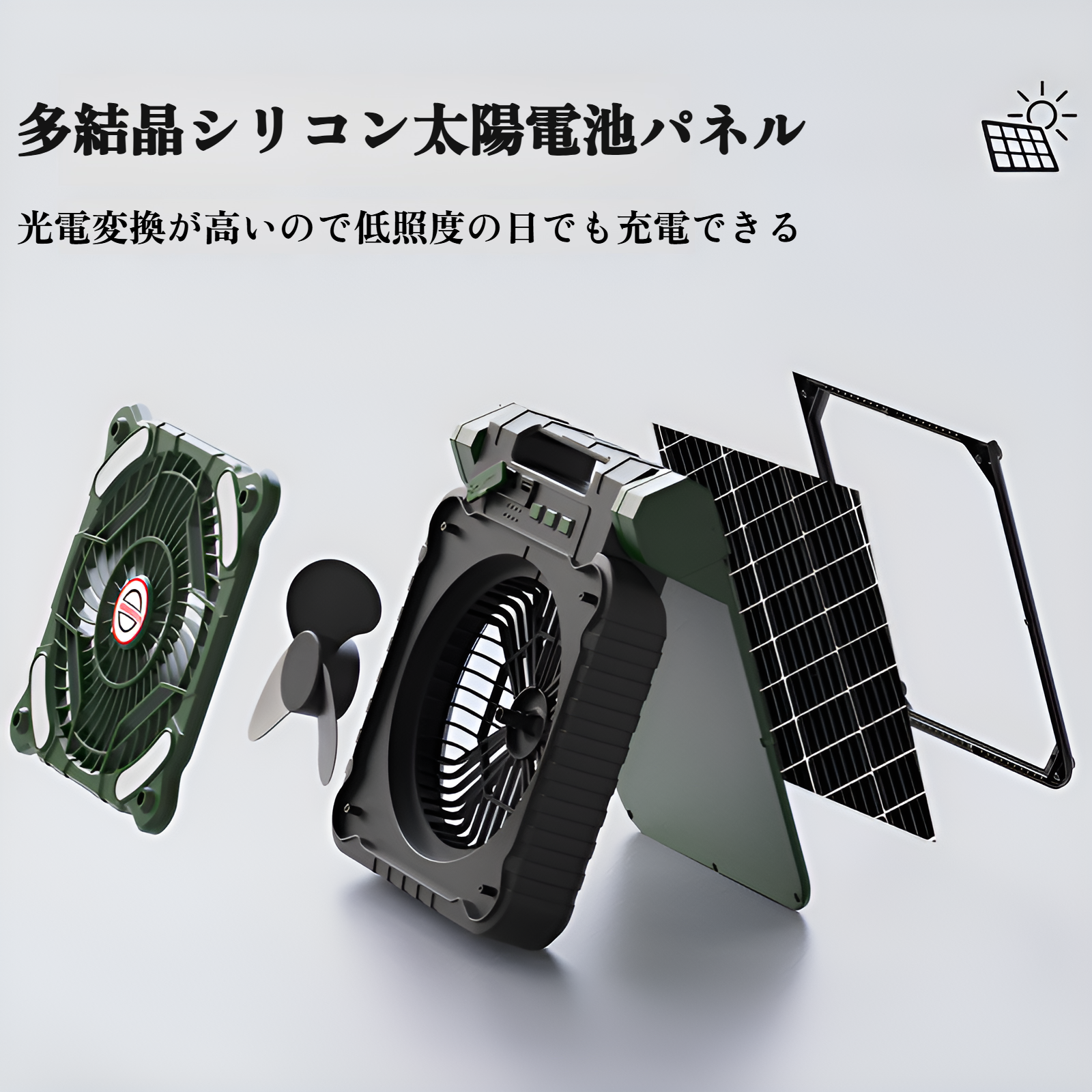 ソーラーファン、キャンプ用テント、小型ファン、充電式ナイトライト、ミニファン、ポータブルパワーバンクファン、屋外キャンプ用ファン