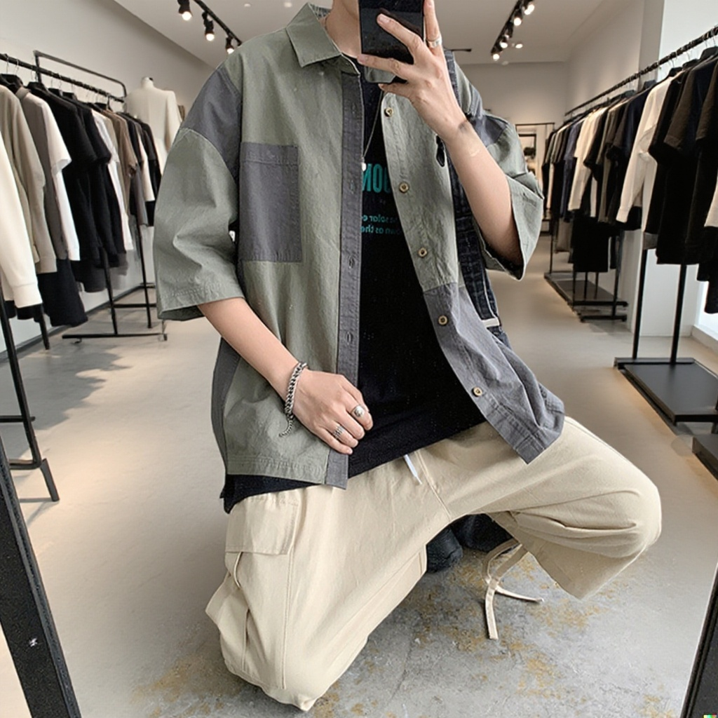 夏のレトロ風切り替え五分袖シャツ メンズ