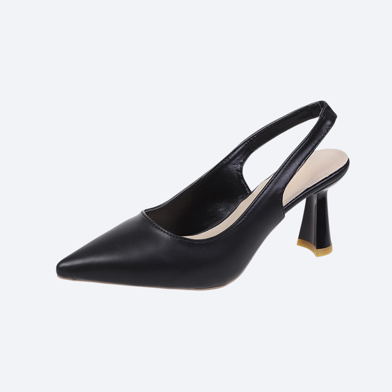 High heels with pointed toes, thin heels, and toe caps