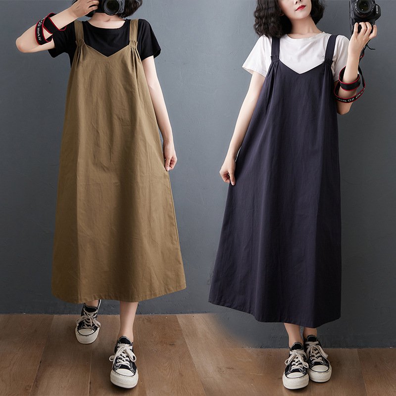 夏のルーズな大きいサイズのドレス女性 ミッドレングス年齢不詳バックストラップドレス 文学的な夏のドレス