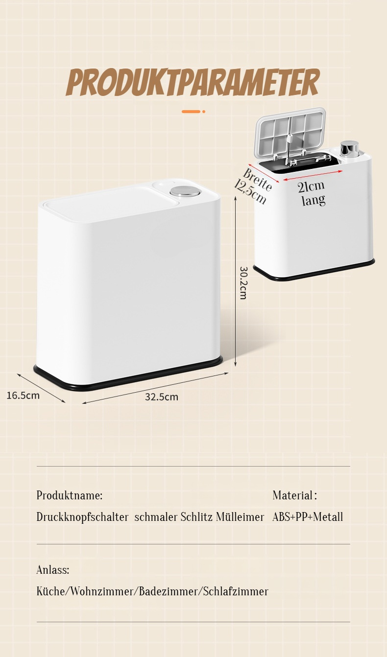 Mülleimer mit schmalem Schlitz und Druckknopfschalter
