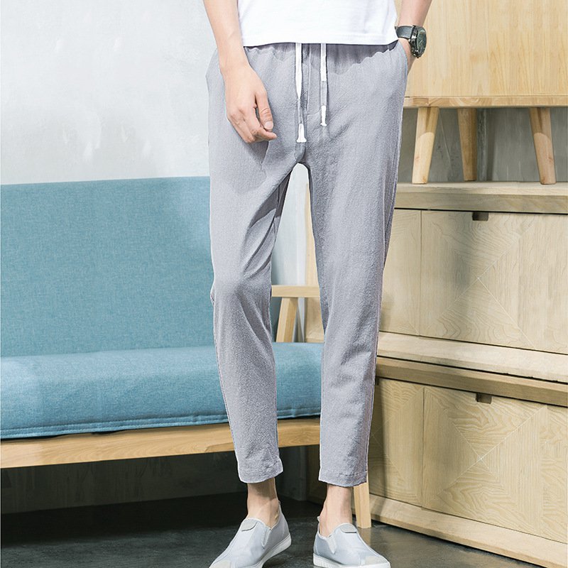 メンズ　亜麻ズボン　パンツ　九分丈　薄手　春夏