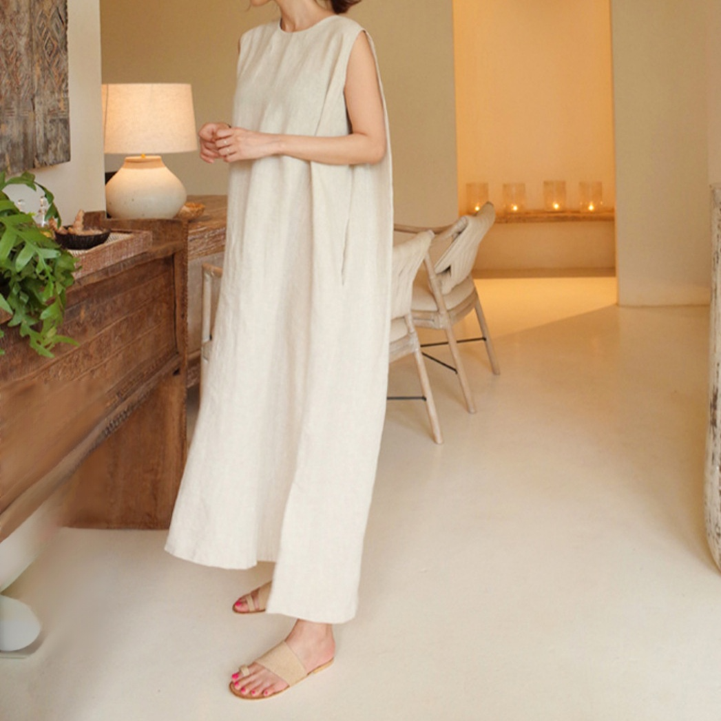 ベスト・ノースリーブ・ドレス ラウンドネック良質7色スプリットドレス