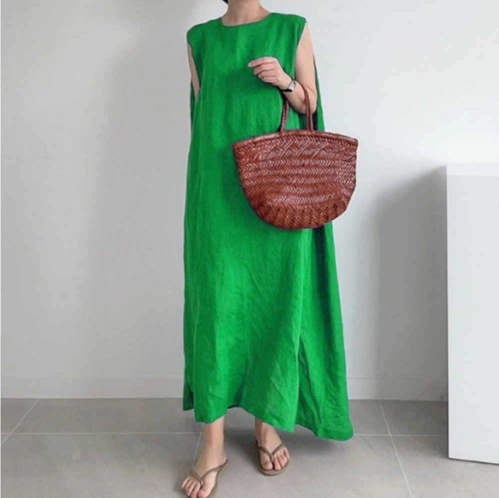 ベスト・ノースリーブ・ドレス ラウンドネック良質7色スプリットドレス