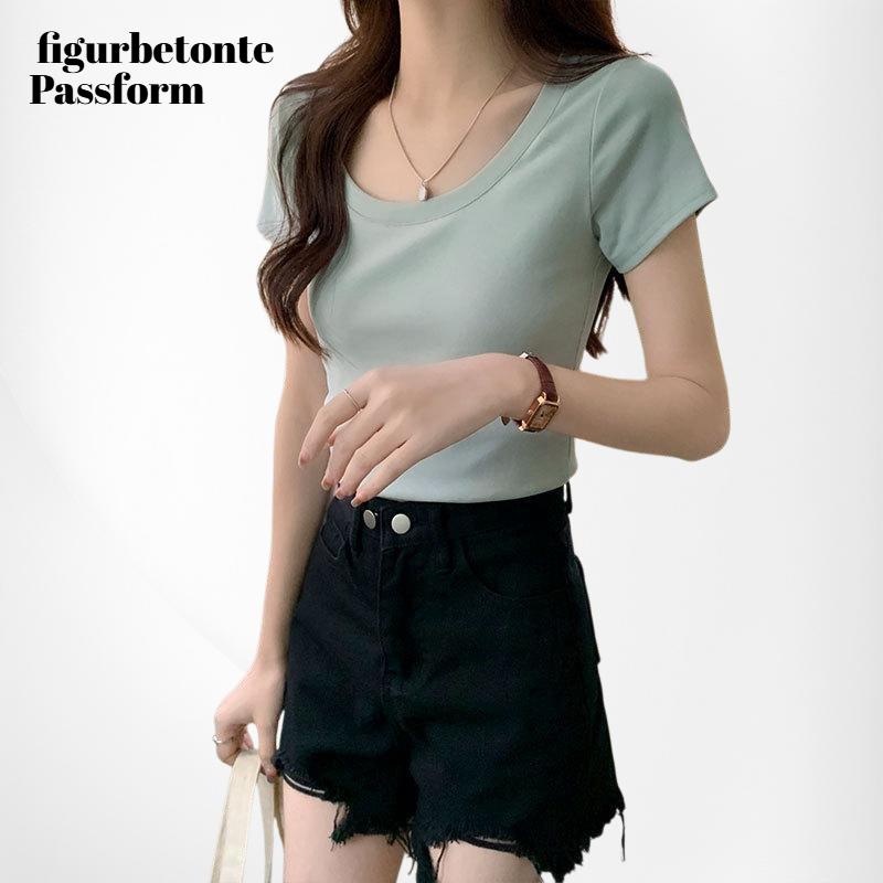 Damen Skinny Stretch Kurzarm Rundhals T-Shirt