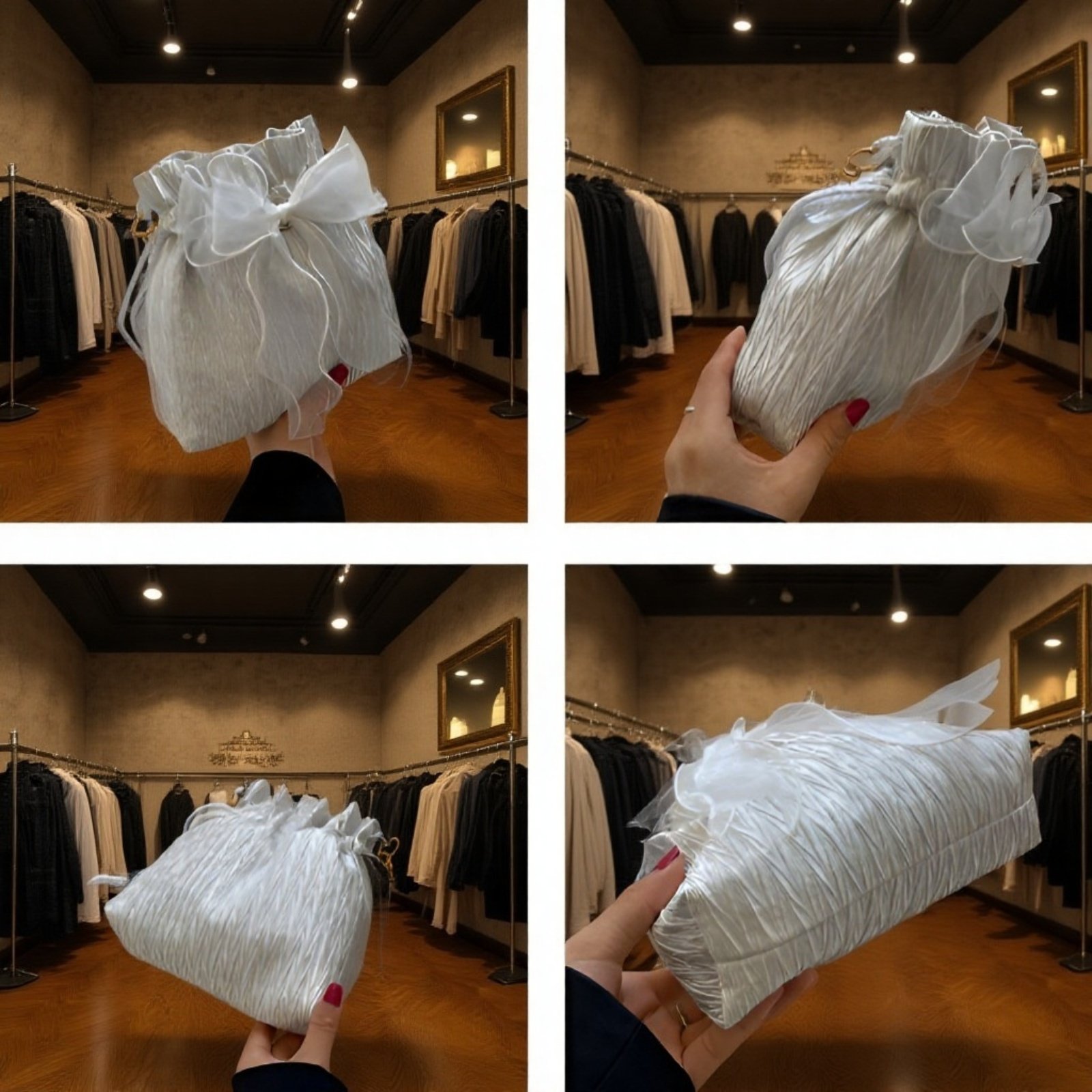 パール付きシンプルバケットバッグ　リボンショルダーバッグ