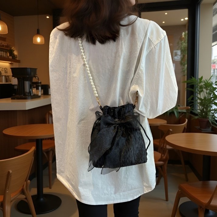 パール付きシンプルバケットバッグ　リボンショルダーバッグ