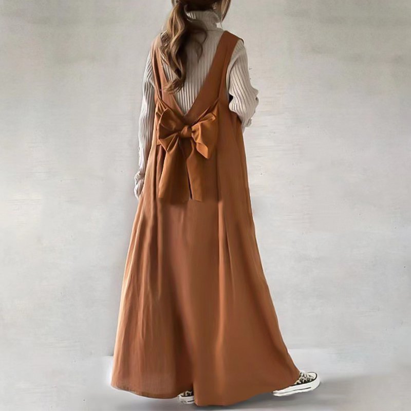 新しいレトロ V ネック ストラップ ドレス夏ルーズ ボウ ストラップ スタイル