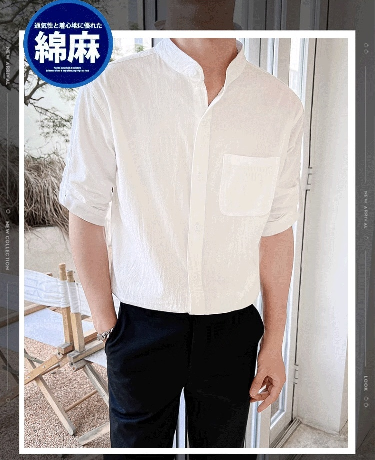 メンズ夏綿麻スタンドカラーシャツ
