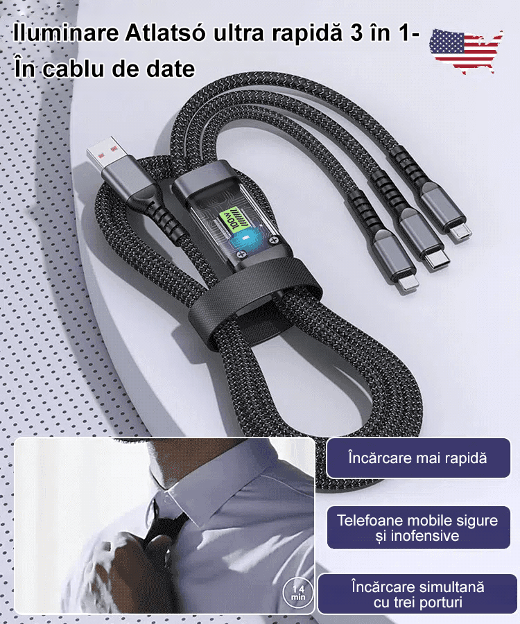 Cablu de date 3-în-1 cu încărcare super rapidă și iluminare transparentă