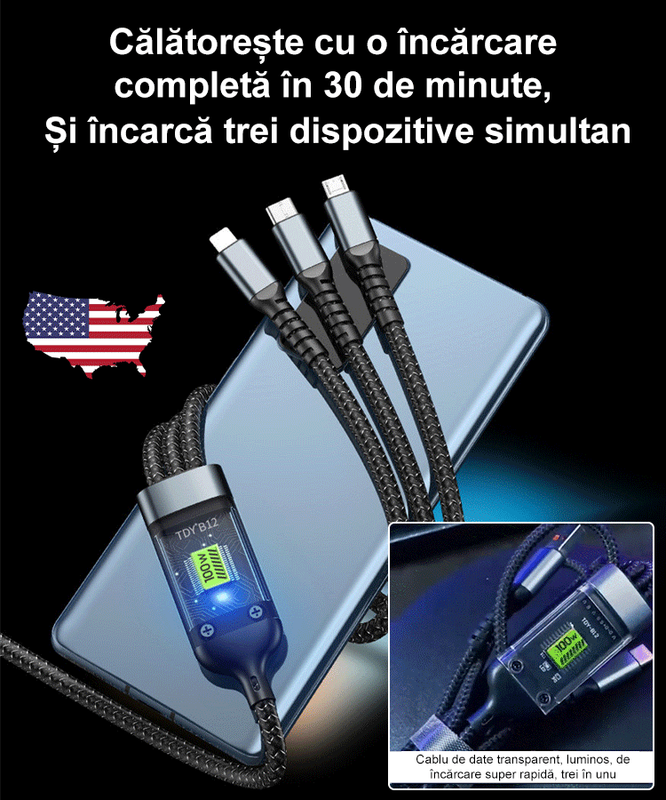Cablu de date 3-în-1 cu încărcare super rapidă și iluminare transparentă