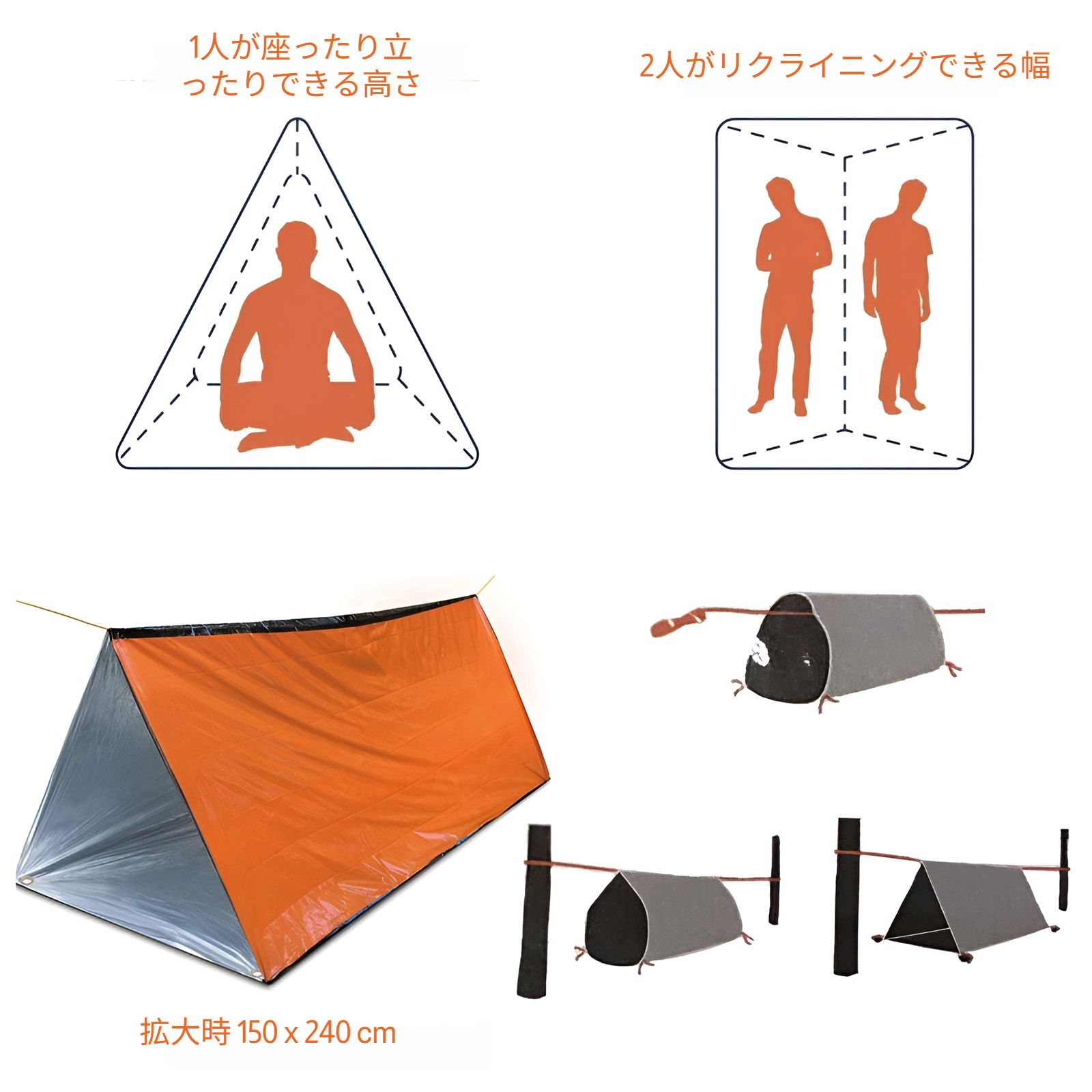 緊急用 テント サバイバルシェルター 簡易テント エマージェンシー テント 防寒 防風 軽量 コンパクト 非常時 防災用 サバイバル 常時携帯推奨 キャンプ&ハイキング