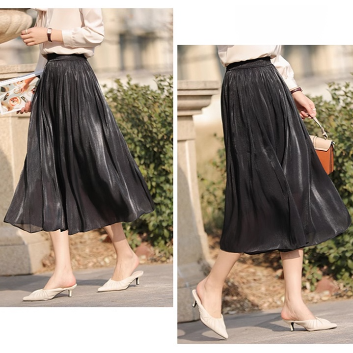 여성 여름 플리츠 스커트 펄 유광 허리 날씬해 보이는 미디 스커트 밴딩 허리 A라인 플리츠 스커트