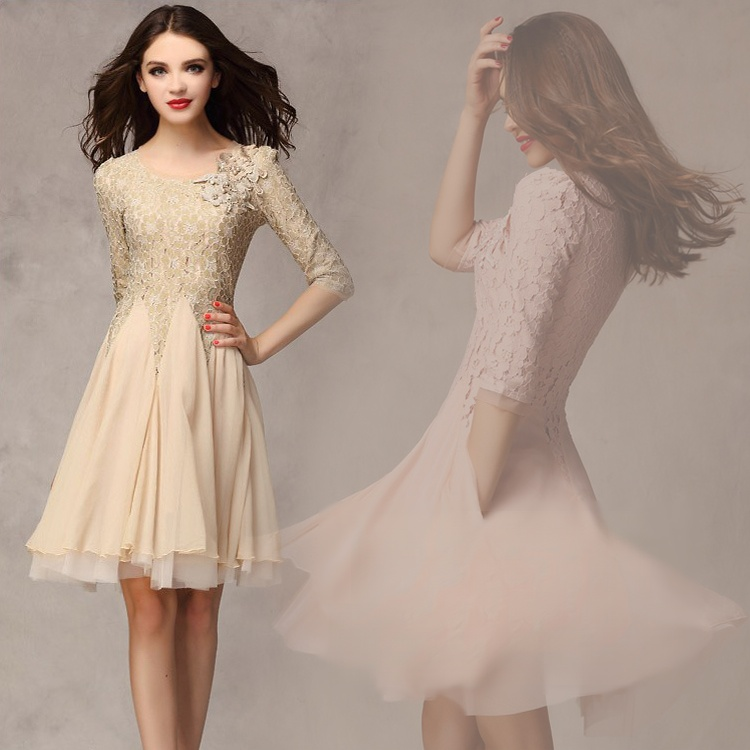 【レースワンピース】3D立体断裁　着痩せ＆細見え　超長裾回り　パフ袖　オーガンディー