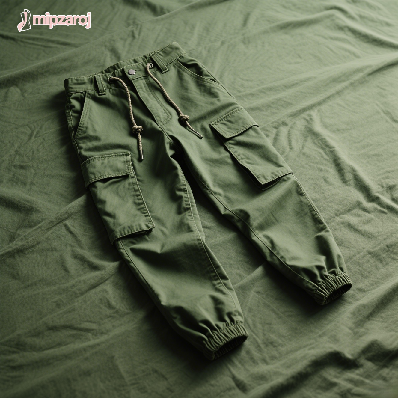 軍緑色のワークパンツ